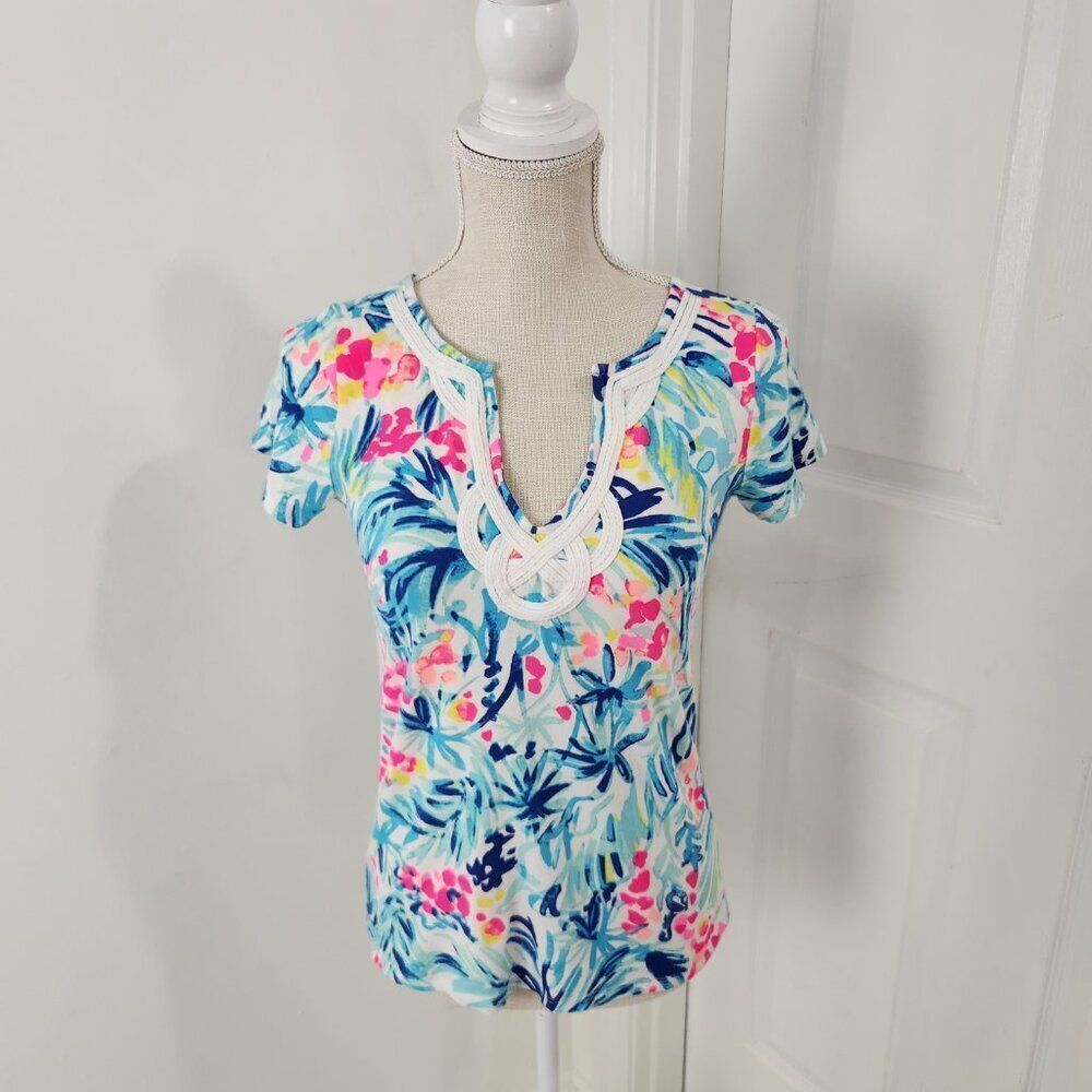Lilly Pulitzer Top Womens XS Brewster Serene Blue Tippy Tropical Resort Cruise - Picture 12 of 12